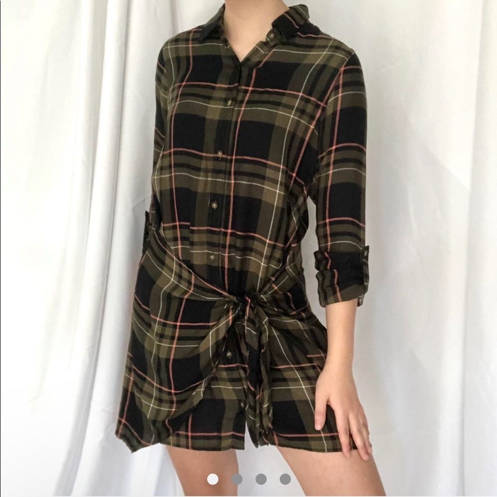 green plaid tie front button up dress